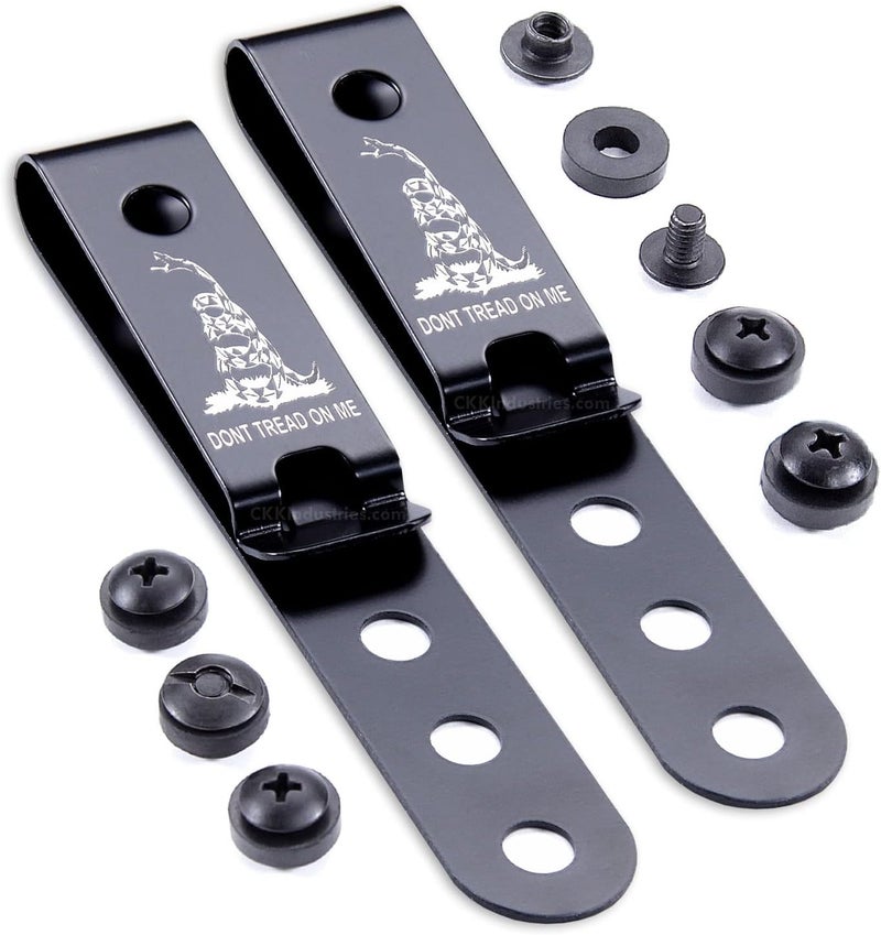Holstex HolsterSmith Universal Metal Belt Clip for Holster Making - (Model 5) - (3-Hole) - (Tactical Black) - (w/Don’t Tread On Me Engraving) - (w/Mounting Hardware) - (2 Pack) - Image 1